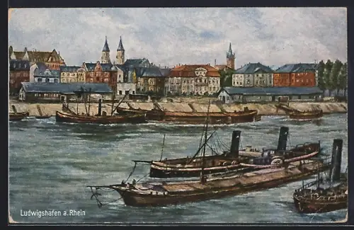 Künstler-AK Ludwigshafen a. Rhein, Dampfschiffe am Rheinufer und Stadtansicht