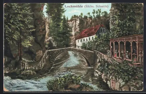 Künstler-AK Lochmühle /Sächs. Schweiz, Mühle, Steinbrücke, Ausflugslokal