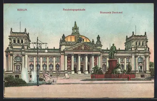 Künstler-AK Berlin, Reichstagsgebäude, Bismarck Denkmal