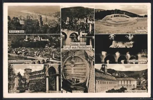 AK Heidelberg, Schloss, Alte u. neue Universität, Brücke, Thingstätte, Schlossbeleuchtung