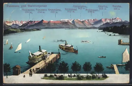 AK Starnberg, Panorama vom Starnberger See, Dampfersteg, Schiffe, Alpenblick