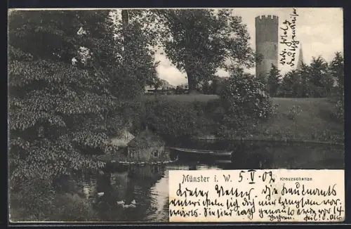 AK Münster i. W., Kreuzschanze, Turm, Teich