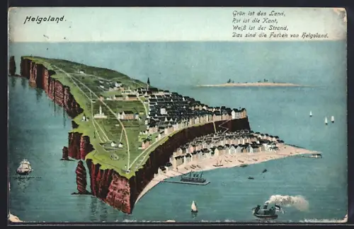 AK Helgoland, Gesamtansicht der Insel mit Ober- und Unterland, Strand und Hafen