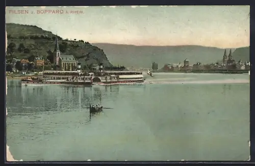 AK Boppard a. Rhein, Rheinansicht mit Dampfer und Blick auf Filsen und Kirche