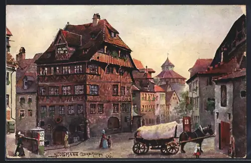 Künstler-AK Nürnberg, Albrecht Dürerhaus, Fachwerkhäuser, Turm