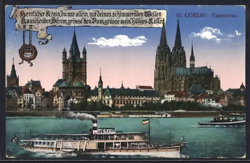 AK Köln, Panorama, Dom, Gross St. Martin, Dampfschiffe auf dem Rhein