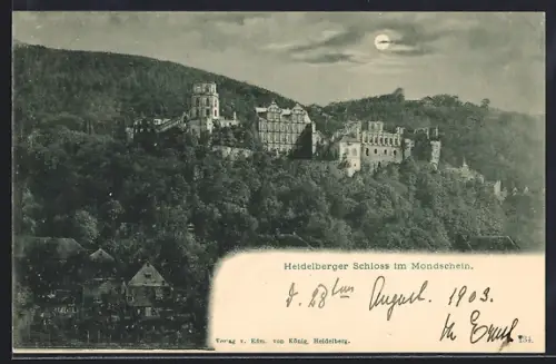 Mondschein-AK Heidelberg, Schloss im Vollmondlicht