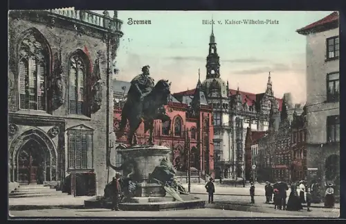 AK Bremen, Kaiser-Wilhelm-Platz, Reiterstandbild, Rathaus