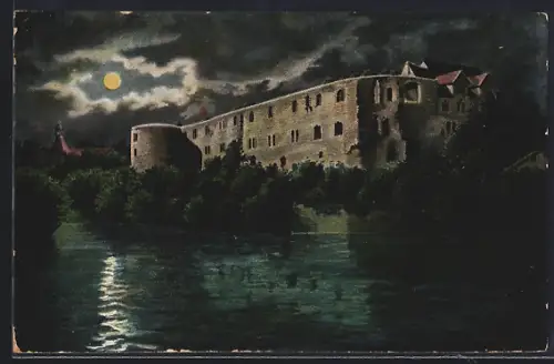 Künstler-AK Halle / Saale, Moritzburg bei Nacht, Flussansicht