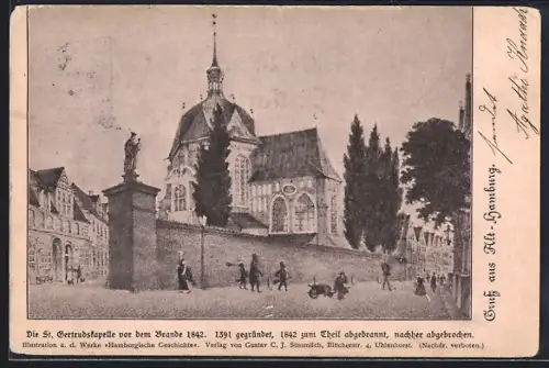 Lithographie Hamburg, Alte St. Gertrudskapelle vor dem Brand 1842