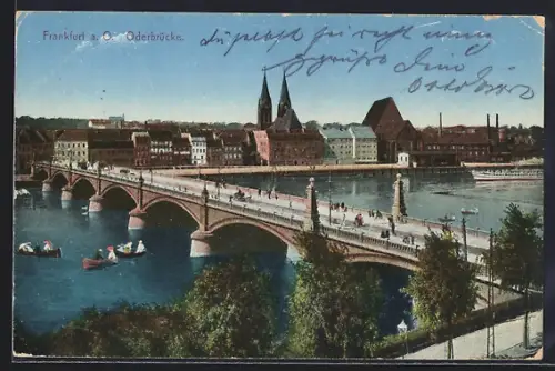 AK Frankfurt a. d. Oder, Oderbrücke, Stadtansicht, Boote auf der Oder