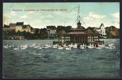 AK Hamburg, Aussenalster, Fütterungsstelle der Schwäne