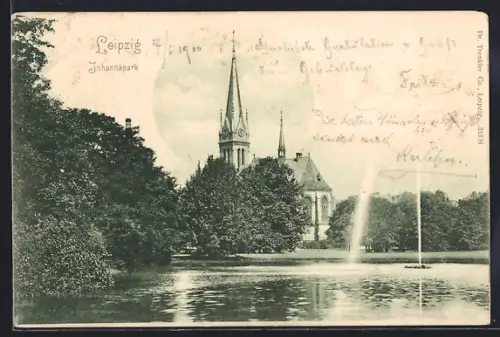 AK Leipzig, Johannapark, Kirche, Teich, Springbrunnen