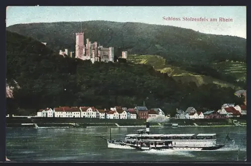 AK Stolzenfels am Rhein, Schloss Stolzenfels, Rheinansicht, Dampfschiff