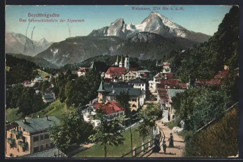 AK Berchtesgaden, Stadtansicht mit Watzmann