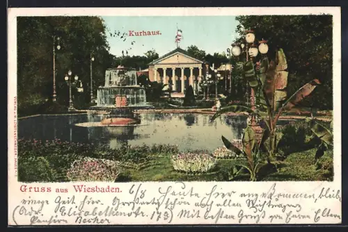 AK Wiesbaden, Kurhaus, Springbrunnen, Parkanlage