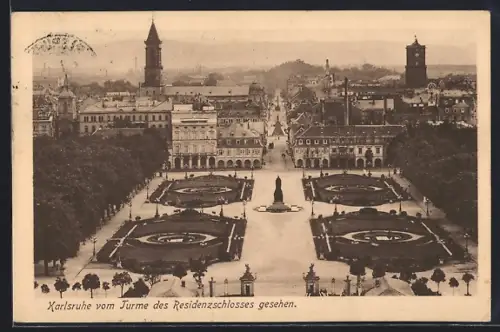 AK Karlsruhe, Blick vom Turm des Residenzschlosses auf Gartenanlage und Stadtzentrum