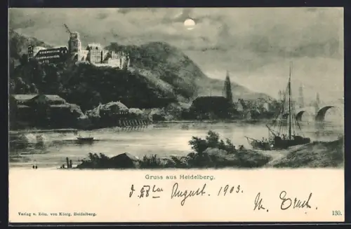 AK Heidelberg, Schloss, Neckar, Altstadt bei Nacht