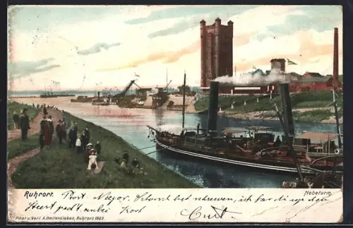 AK Ruhrort, Binnenhafen mit Schleppdampfer und Fabrikgebäuden