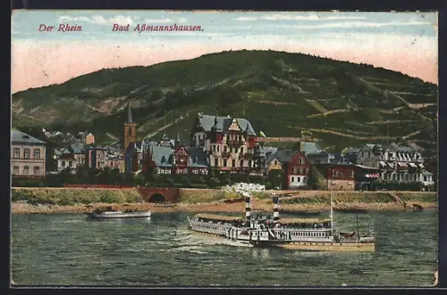 AK Bad Assmannshausen, Rheinansicht mit Dampfschiff und Weinbergen