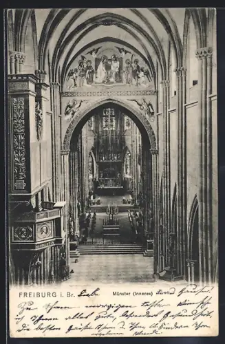 AK Freiburg i. Br., Münster inneres, Altar, Kanzel