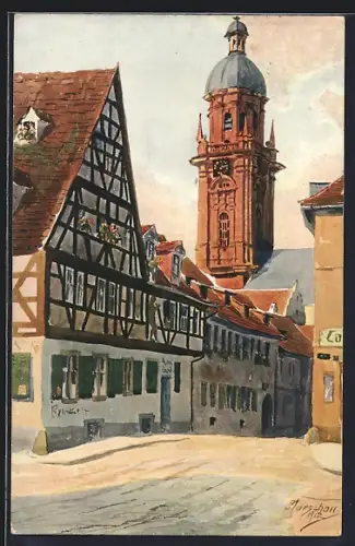 Künstler-AK Würzburg, Hörleingasse, Fachwerkhäuser und Kirchturm
