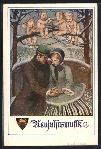 Künstler-AK Engel über einem Studenten und seiner Geliebten