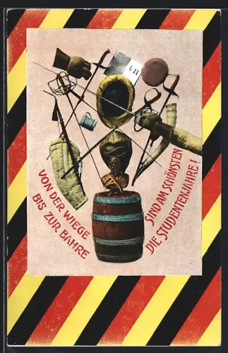 AK Fass mit Büste, Degen, Polsterung, Von der Wiege bis zur Bahre sind am schönsten...