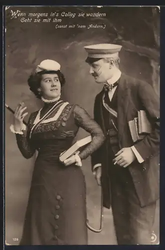 AK Zwei Studenten mit Büchern, Wenn morgens in`s Colleg sie wandern, geht sie mit ihm...