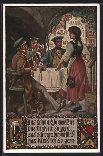 AK Volksliederkarte Nr. 6 Das schwarzbraune Bier, Student zeigt Interesse an der Bedienung