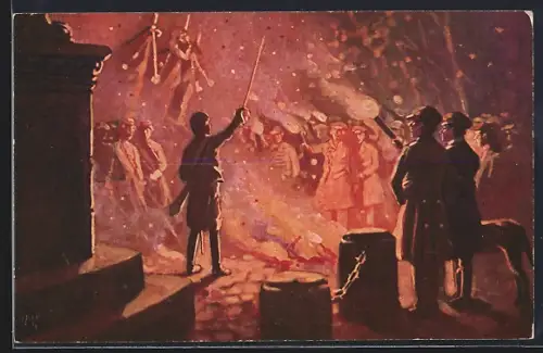 Künstler-AK Studenten mit Fackeln um ein Feuer herum