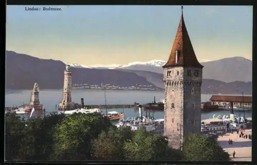 AK Lindau /Bodensee, Hafen mit Mangturm und Leuchtturm