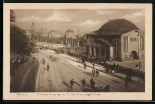 AK Hamburg-St.Pauli, Elbtunnel-Eingang und St. Pauli-Landungsbrücken