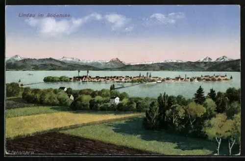 Lithographie Lindau im Bodensee, Stadtansicht, Alpenpanorama, See