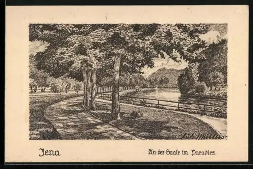 Künstler-AK sign. Rudi Müllers: Jena, An der Saale im Paradies
