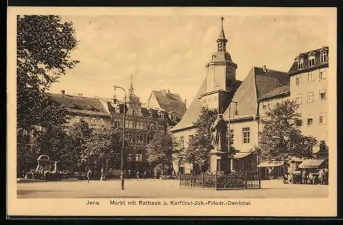 AK Jena, Markt mit Rathaus, Kurfürst-Joh.-Friedr.-Denkmal