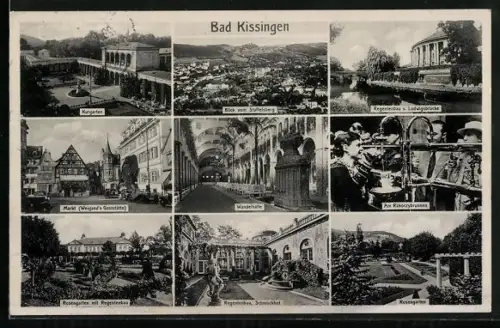 AK Bad Kissingen, Kurpark, Regentenbau, Marktplatz, Wandelhalle, Rosengarten