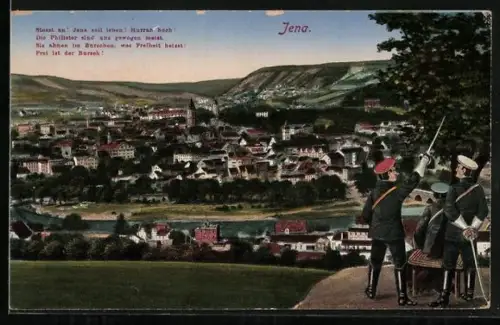 AK Jena, Panorama mit Stadtansicht und Soldaten in Uniform