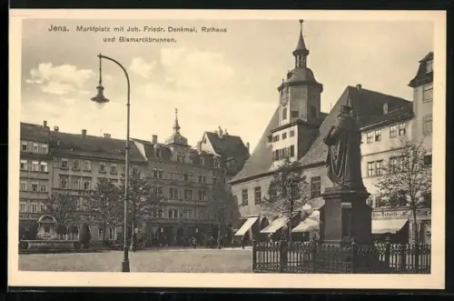 AK Jena, Marktplatz mit Joh. Friedr. Denkmal, Rathaus und Bismarckbrunnen