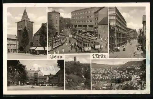 AK Jena i. Thür., Stadtturm, Strassenbahn, Burgansicht, Stadtpanorama
