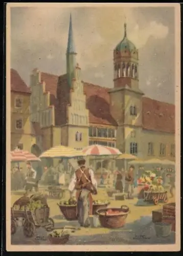 Künstler-AK Halle /Saale, Rathaus, Marktszene