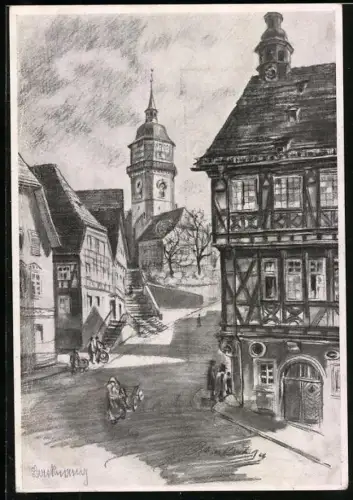 Künstler-AK Backnang, Fachwerkhäuser und Stadtkirche