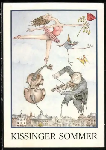 Künstler-AK Bad Kissingen, Kissinger Sommer, Musikfestival, Karikatur Musiker und Tänzerin