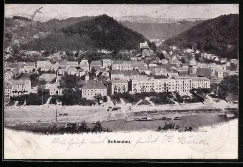 AK Schandau, Stadtansicht mit Flusspartie und Gebäuden
