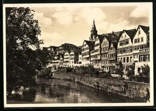 AK Tübingen, Blick von der Eberhardsbrücke neckaraufwärts, Altstadt, Neckarufer