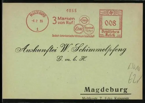 AK Magdeburg, Auskunfttei W. Schimmelpfeng, Moltkestr. 7 Ecke Kaiserstr., -Frankierstempel Deutsches Reich