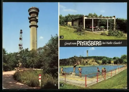 AK Petersberg / Halle, Fernsehturm, Fernsehpavillon, Bergbad / Freibad