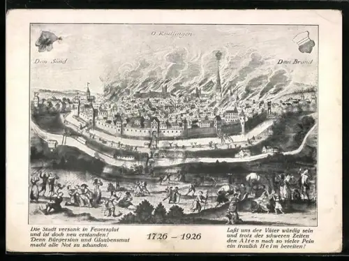 AK Reutlingen, Stadtansicht beim Brand 1726, 200-Jahr-Gedenkpostkarte 1926