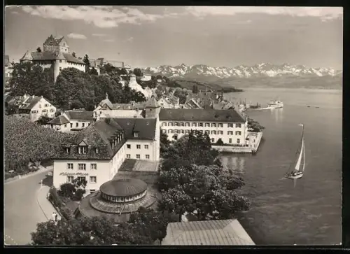 AK Meersburg /Bodensee, Hotel Wilder Mann, Schloss, Bodensee mit Alpenpanorama