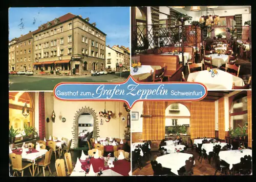 AK Schweinfurt, Gasthof zum Grafen Zeppelin, Restaurantansichten